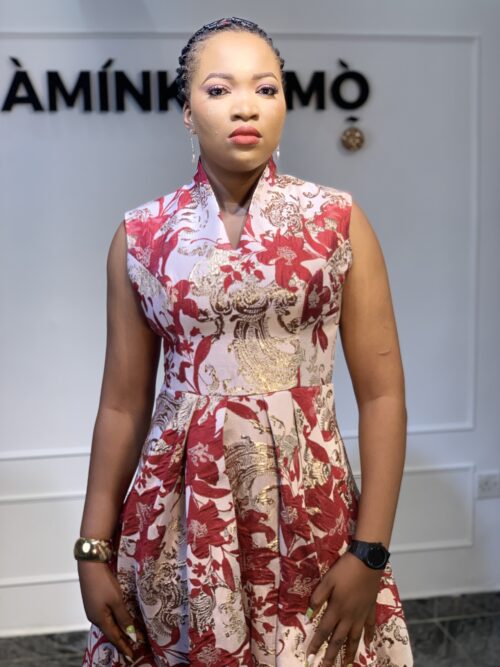 Aminkanmo Red Printed Fit & Flare Dress with Corset Belt
